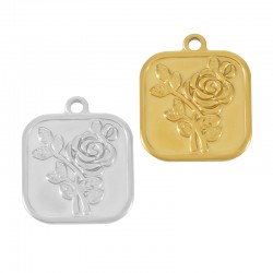 Stainless Steel 304 Charm Square w/ Rose 18x21mm