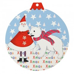 Wooden Pendant Round Ornament w/ Santa Claus & Bear 80mm