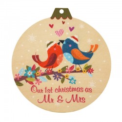 Wooden Pendant Ball “1st Christmas Mr & Mrs” w/ Birds 76mm