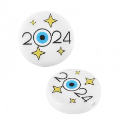 Acrylic Bead Round “2024” w/ Evil Eye & Stars 15mm (Ø1.6mm)