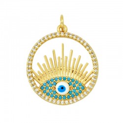 Brass Charm Round w/ Evil Eye Zircon & Enamel 21mm