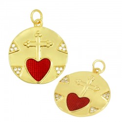 Brass Charm Round Heart Cross w/ Zircon & Enamel 20mm