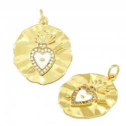 Brass Charm Round Heart w/ Zircon & Enamel 19mm