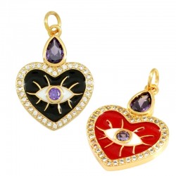 Brass Charm Heart w/ Evil Eye Zircon & Enamel 17x23mm