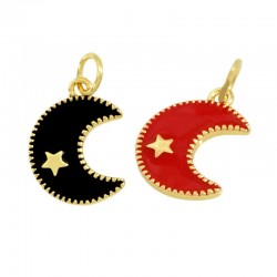 Enameled Brass Charm Moon Star 14x11mm