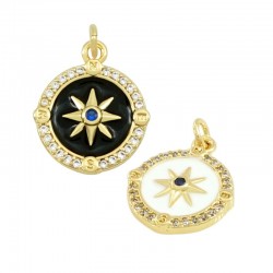 Brass Charm Round Star with Zircon & Enamel 13mm