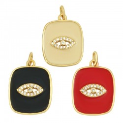 Enameled Brass Charm Tag with Evil Eye Zircon 15x17mm