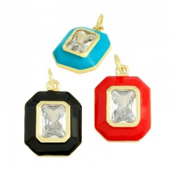 Brass Charm Octagon w/ Crystal & Enamel 13x18mm