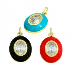 Brass Charm Oval w/ Crystal & Enamel 13x18mm