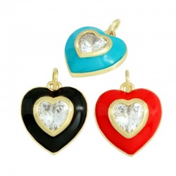 Brass Charm Heart w/ Crystal & Enamel 15x17mm