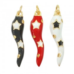 Enameled Brass Charm Horn with Zircon 26x6mm