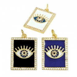 Brass Charm Tag Evil Eye w/ Zircon & Enamel 15x20mm