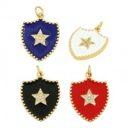 Brass Charm Badge Star w/ Zircon & Enamel 18x23mm