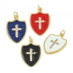 Brass Charm Badge Cross w/ Zircon & Enamel 14x19mm