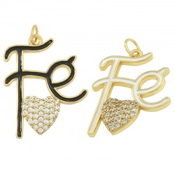 Pendentif en Laiton Émaillé « Fé » cœur de la foi avec Zircon 27 x 21 mm
