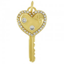 Brass Charm Key w/ Heart & Zircon 23x13mm