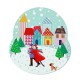 Wooden Pendant Snowball w/ Houses Couple Dog Trees 73x80mm