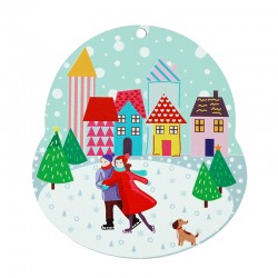 Wooden Pendant Snowball w/ Houses Couple Dog Trees 73x80mm