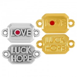 Enameled Zamak Connector Tag “LOVE LUCK HOPE” 14x10mm