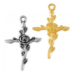 Zamak Pendant Cross w/ Rose Flower 23x30mm