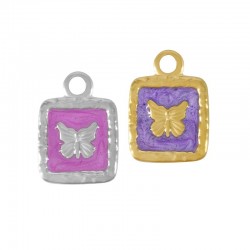 Stainless Steel 304 Charm Square w/Butterfly &Enamel 12x17mm