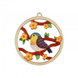 Wooden Pendant Round w/ Bird & Flowers 50mm