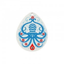 Wooden Pendant Drop w/ Octapus & Evil Eye 55x44mm