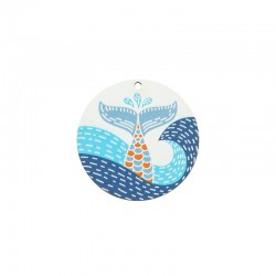 Wooden Pendant Round w/ Mermaid Tail & Waves 50mm