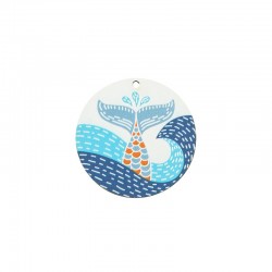 Wooden Pendant Round w/ Mermaid Tail & Waves 50mm