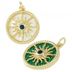 Brass Charm Round with Sun Zircon & Shell Base 15mm