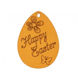 Ciondolo di Legno Uovo di Pasqua con Scritta "Happy Easter" 70x51mm
