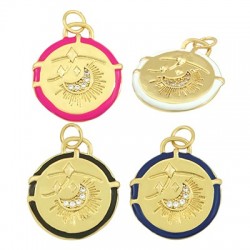 Enameled Brass Charm Round Moon with Zircon 18mm