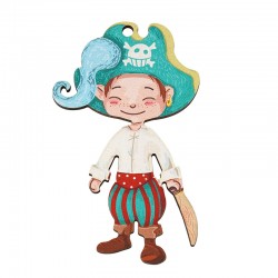 Wooden Pendant Pirate Boy w/ Hat & Sword 42x70mm