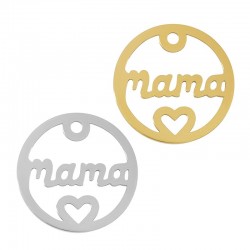 Stainless Steel 304 Charm Round “mama” w/ Heart 20mm/1.3mm