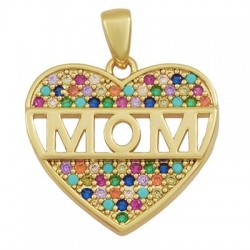 Brass Charm Heart "MOM" w/ Zircon 17x18mm