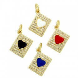 Brass Charm Tag Heart w/ Zircon & Enamel 9x12mm