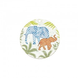 Wooden Pendant Round w/ Elephant & Leaves 50mm