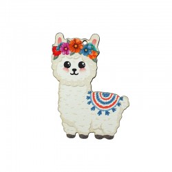 Wooden Pendant Lama w/ Flowers 70x52mm