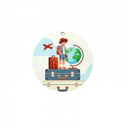 Wooden Deco Round w/ Boy Suitcases Airplane & Globe 55mm