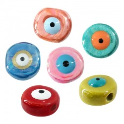 Ceramic Bead Round Flat Evil Eye w/ Enamel 12mm (Ø~2.6mm)