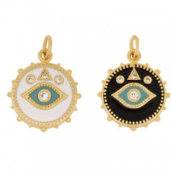 Brass Charm Round Evil Eye w/ Enamel & Zircon 16mm