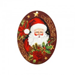 Wooden Pendant Oval w/ Santa Claus Stars & Mistletoe 63x85mm