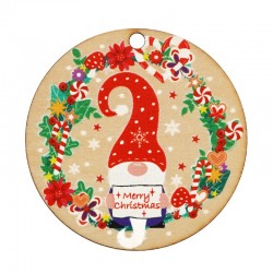 Wooden Pendant Round “Merry Christmas” w/ Dwarf & Candy 47mm