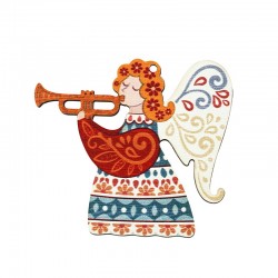 Wooden Pendant Angel w/ Trumpet & Flowers 67x75mm