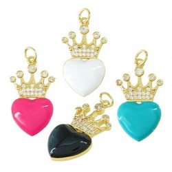 Brass Charm Heart w/ Crown Zircon & Enamel 14x25mm