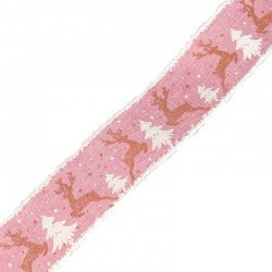 Ruban en Polyester avec Renne rose et Sapin 63 mm (~10 Yards)