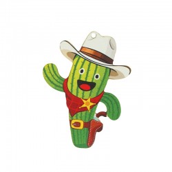 Wooden Pendant Cactus w/ Hat & Star 52x70mm