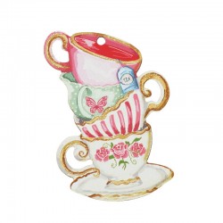 Wooden Pendant Teacups w/ Flowers & Butterfly 47x70mm