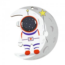 Wooden Pendant Moon w/ Astronaut & Star 60x72mm