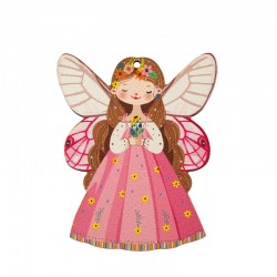 Wooden Pendant Fairy w/ Flowers 57x70mm
